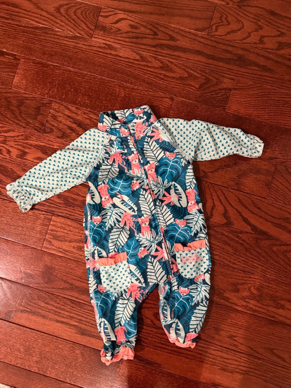 Girls' Tropical Leaf Print One-Piece Swimsuit in Teal and Coral